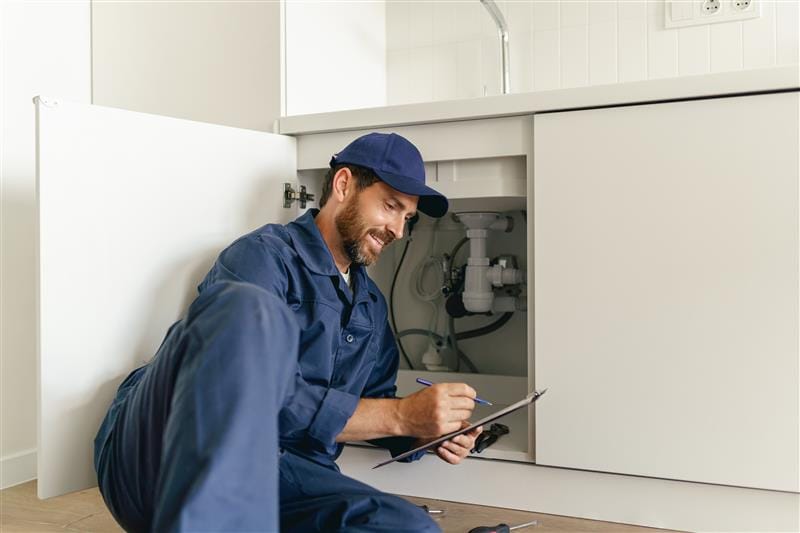 Residential plumber reviewing plumbing repairs in a Pueblo kitchen