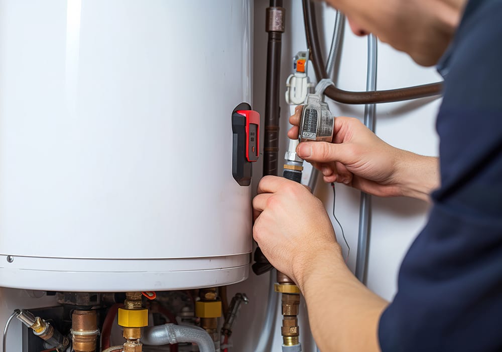 Technician repairing pipes connected to a water heater in Pueblo